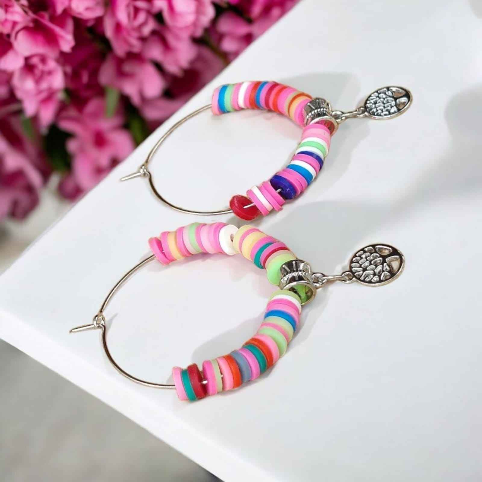 Hoop earrings with colorful beads and charm of peace - Kashika JewelCrafts