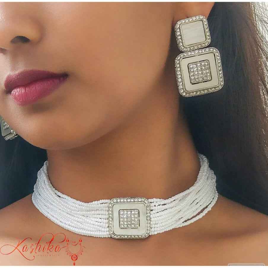 Multi-strand white beaded chokar with square crystal-embellished Necklace Set - Kashika JewelCrafts
