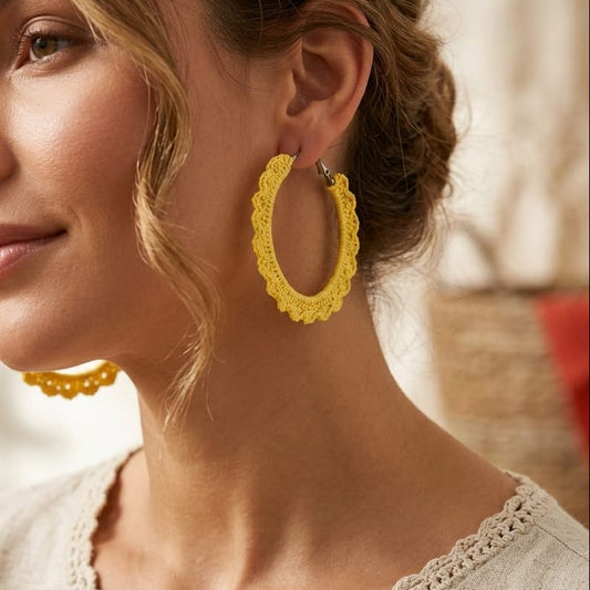 Handcrafted Yellow Crochet Hoop Earrings for Women | Lightweight Boho Jewellery