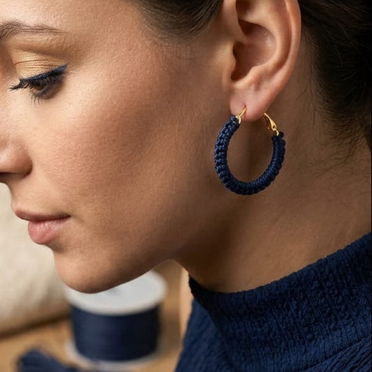 Mini Navy Blue Crochet Hoop Earrings with Gold Finish | Lightweight Handmade Jewellery
