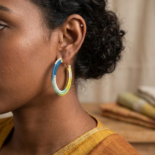 Multicolour Crochet Hoop Earrings with Gold Finish | Handmade Lightweight Jewellery