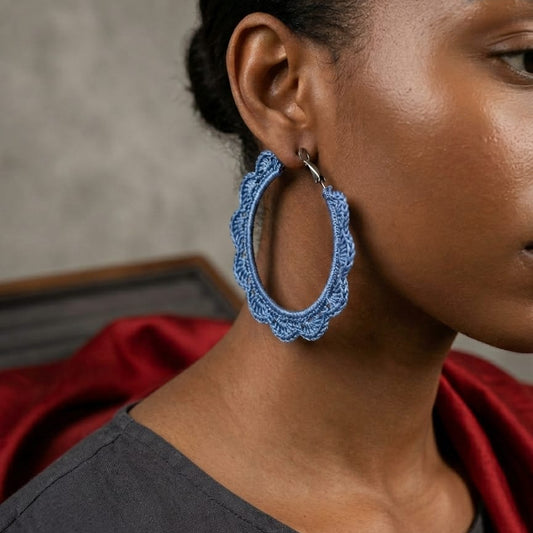 Denim Blue Crochet Hoop Earrings | Handcrafted Statement Hoops