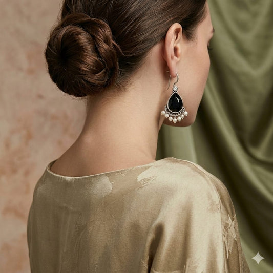 Black Pearl Drop oxidised earrings – Handcrafted Antique Finish Elegance | Kashika JewelCrafts