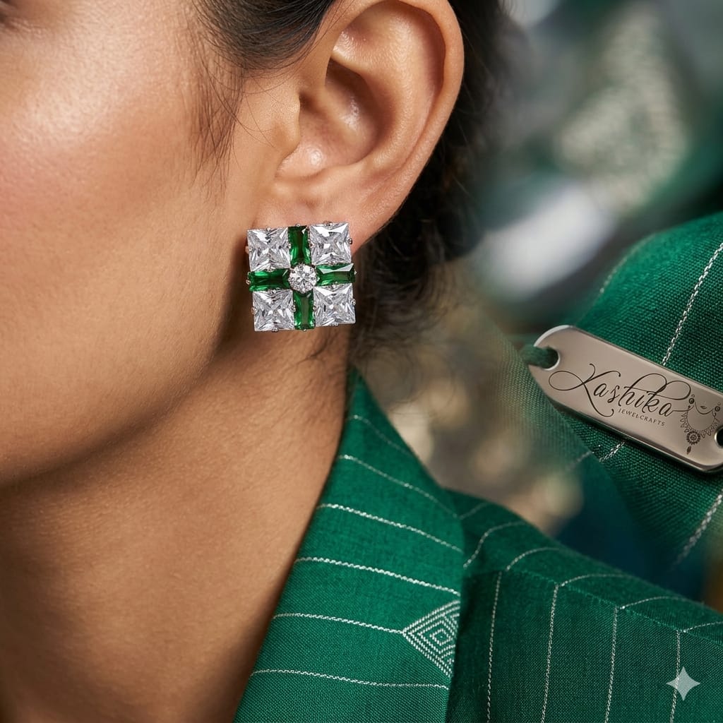 Crystal Square Stud Earrings | Elegant Silver-Tone Statement Studs