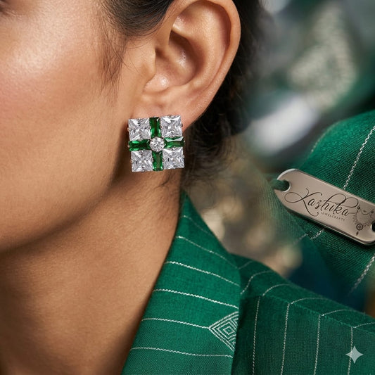 Crystal Square Stud Earrings | Elegant Silver-Tone Statement Studs