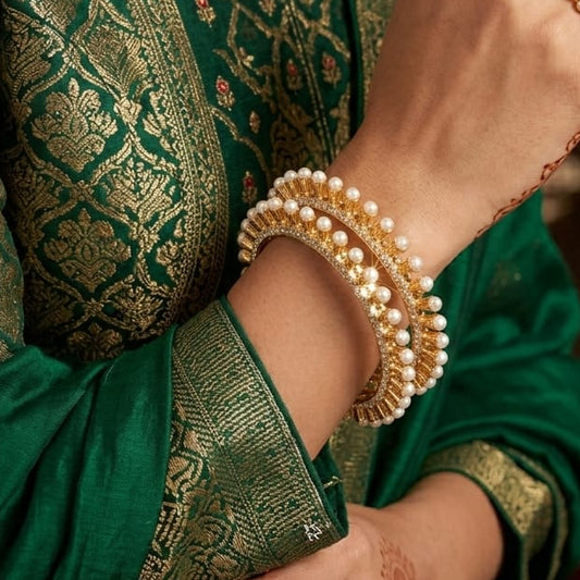 Royal Pearl & CZ Gold Plated Bangle Set for Women | Premium Wedding Kada Bangles