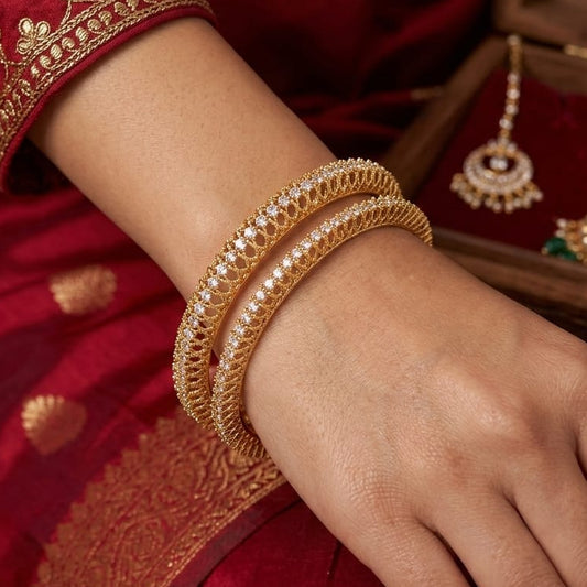 Elegant CZ Lattice Gold Plated Bangle Set for Women | Minimal Wedding & Party Wear
