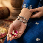 Vintage Oxidised Silver Elephant Charm Bracelet for Women | Boho Ethnic Kada