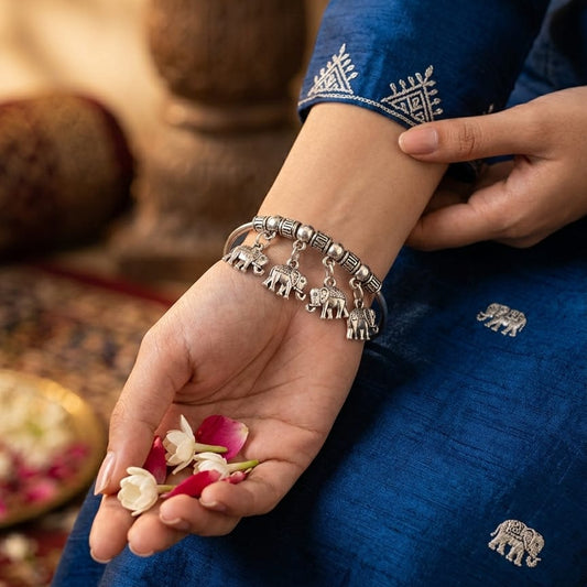 Vintage Oxidised Silver Elephant Charm Bracelet for Women | Boho Ethnic Kada