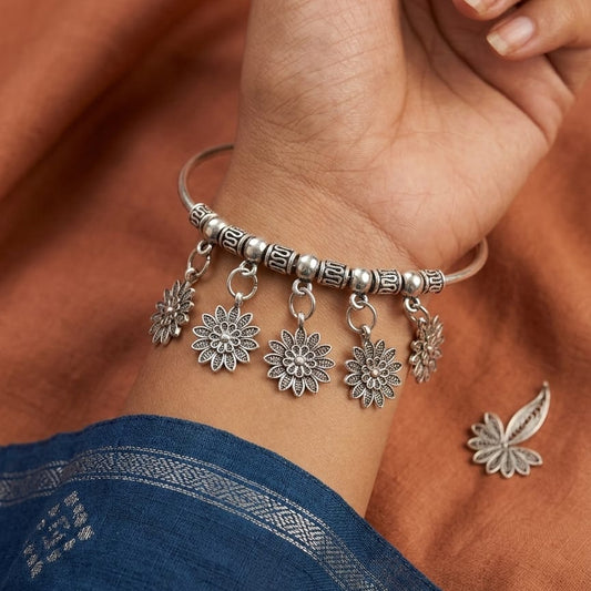 Oxidised Silver Floral Charm Bracelet for Women | Ethnic Kada
