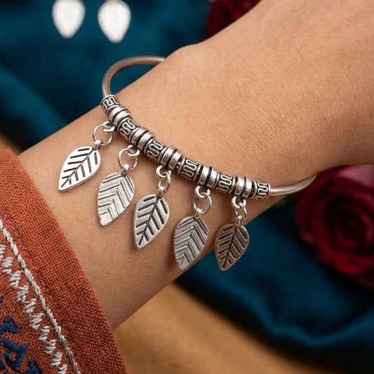 Oxidised Silver Leaf Charm Bracelet for Women | Boho Ethnic Kada