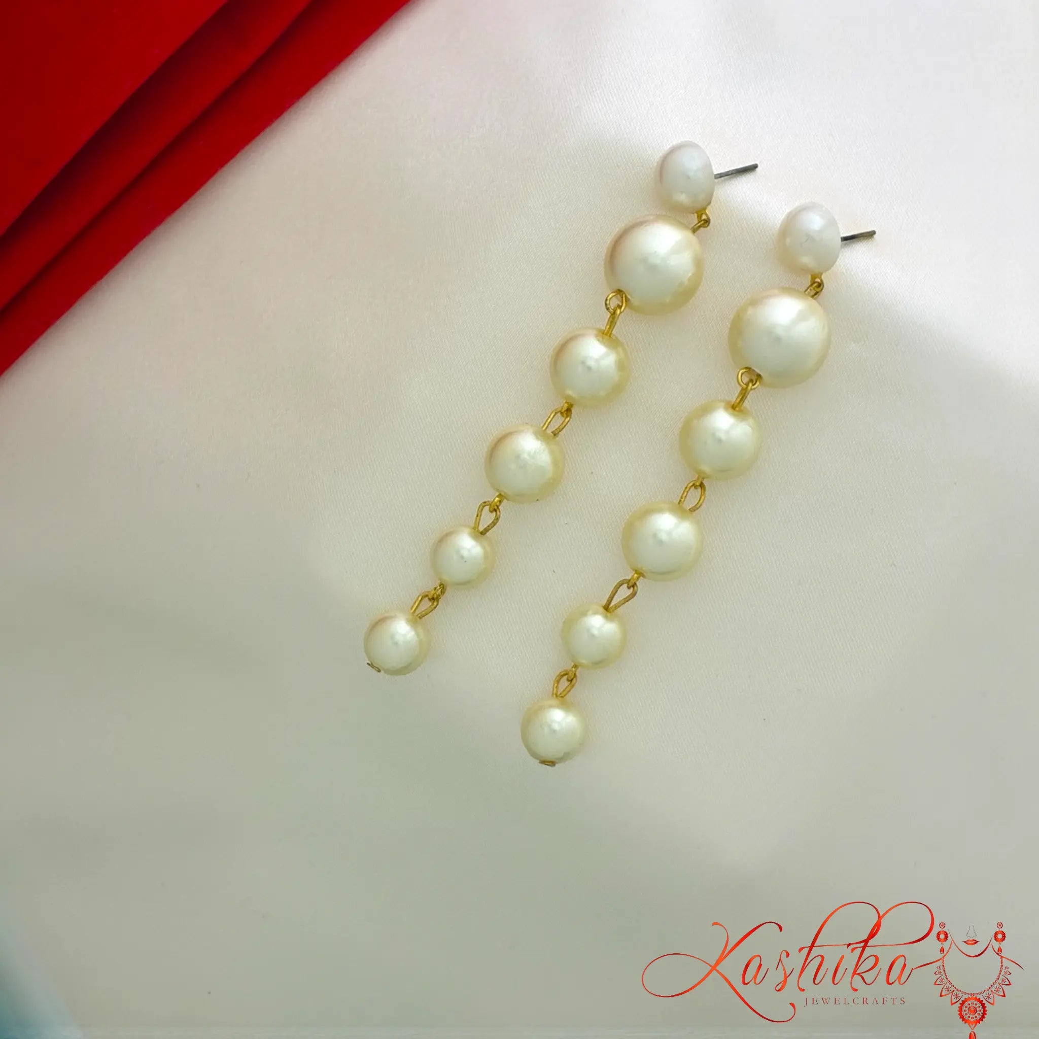 Elegant Pearl Cascade Dangler Earrings – Gold Finish | Statement Pearl Drop Earrings