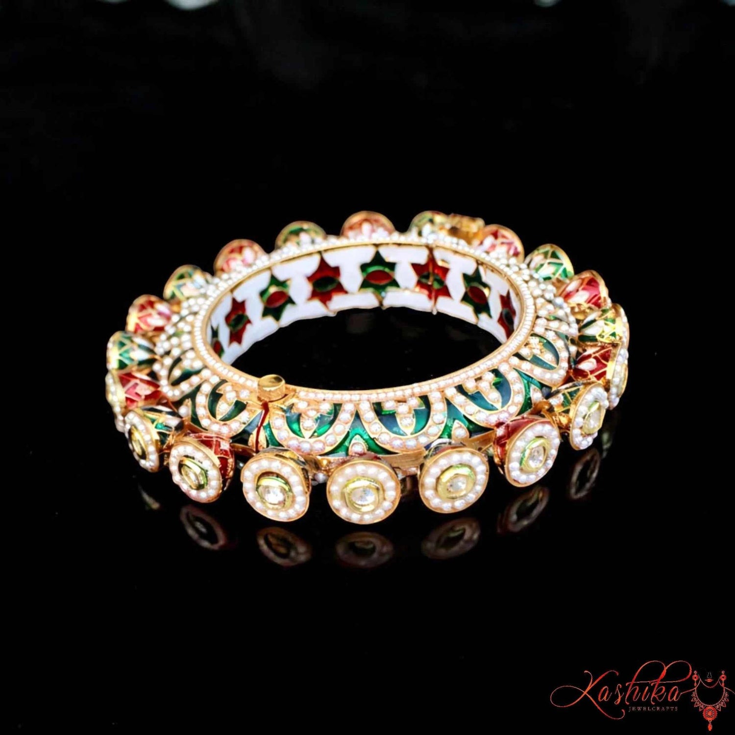 Kundan Enamel Pearl Bangle – Traditional Rajasthani Kada - Kashika JewelCrafts