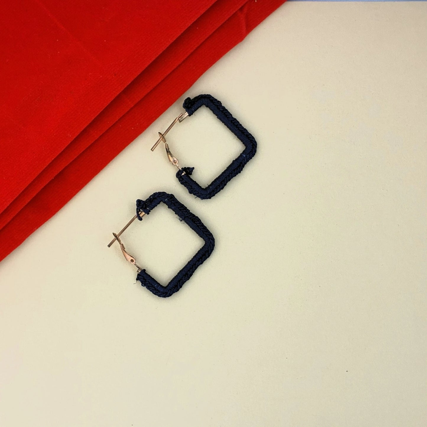 Handcrafted Navy Blue Square Crochet Hoop Earrings | Lightweight Contemporary Jewellery