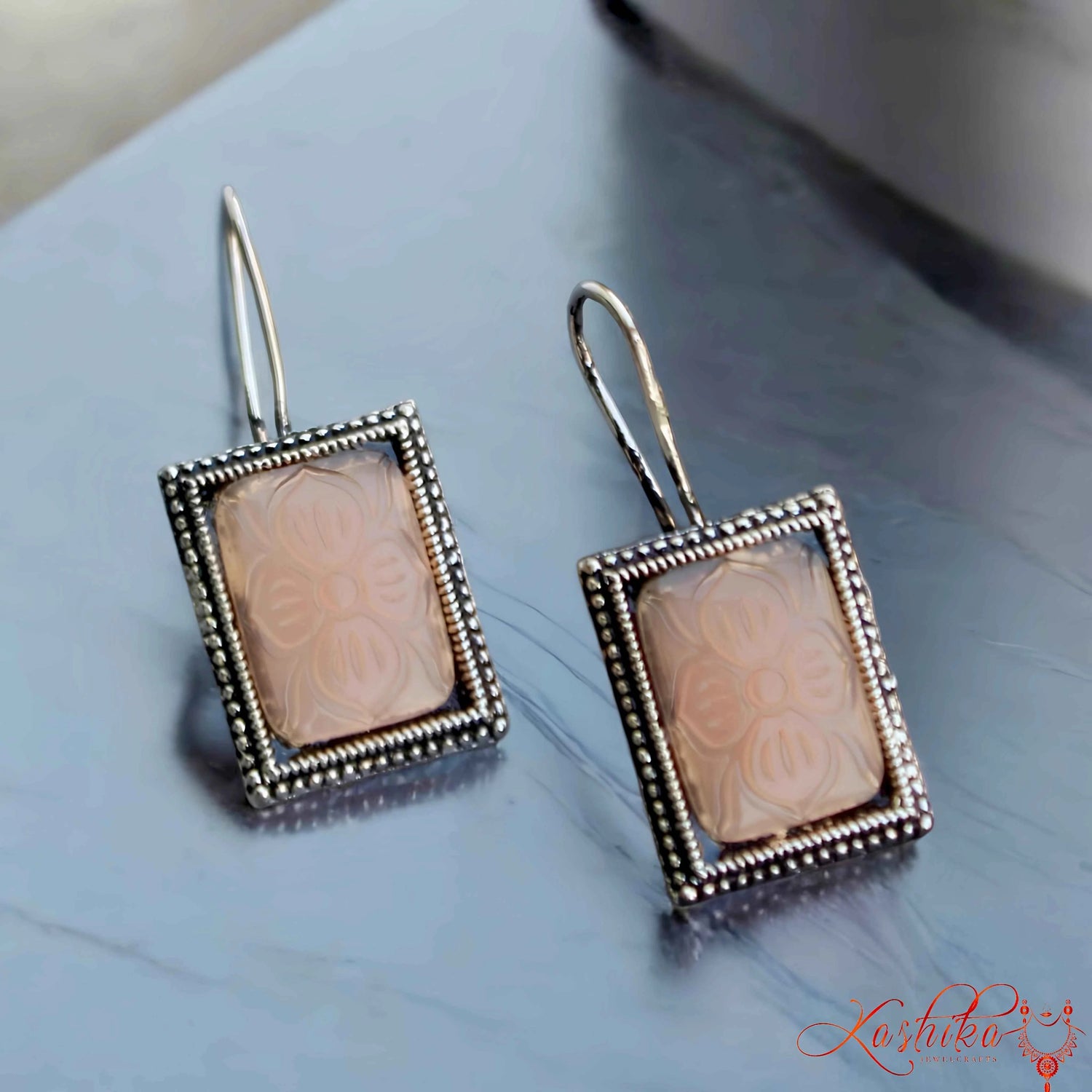 Oxidised Silver Peach Stone Earrings – Ethnic Dangler Design - Kashika JewelCrafts