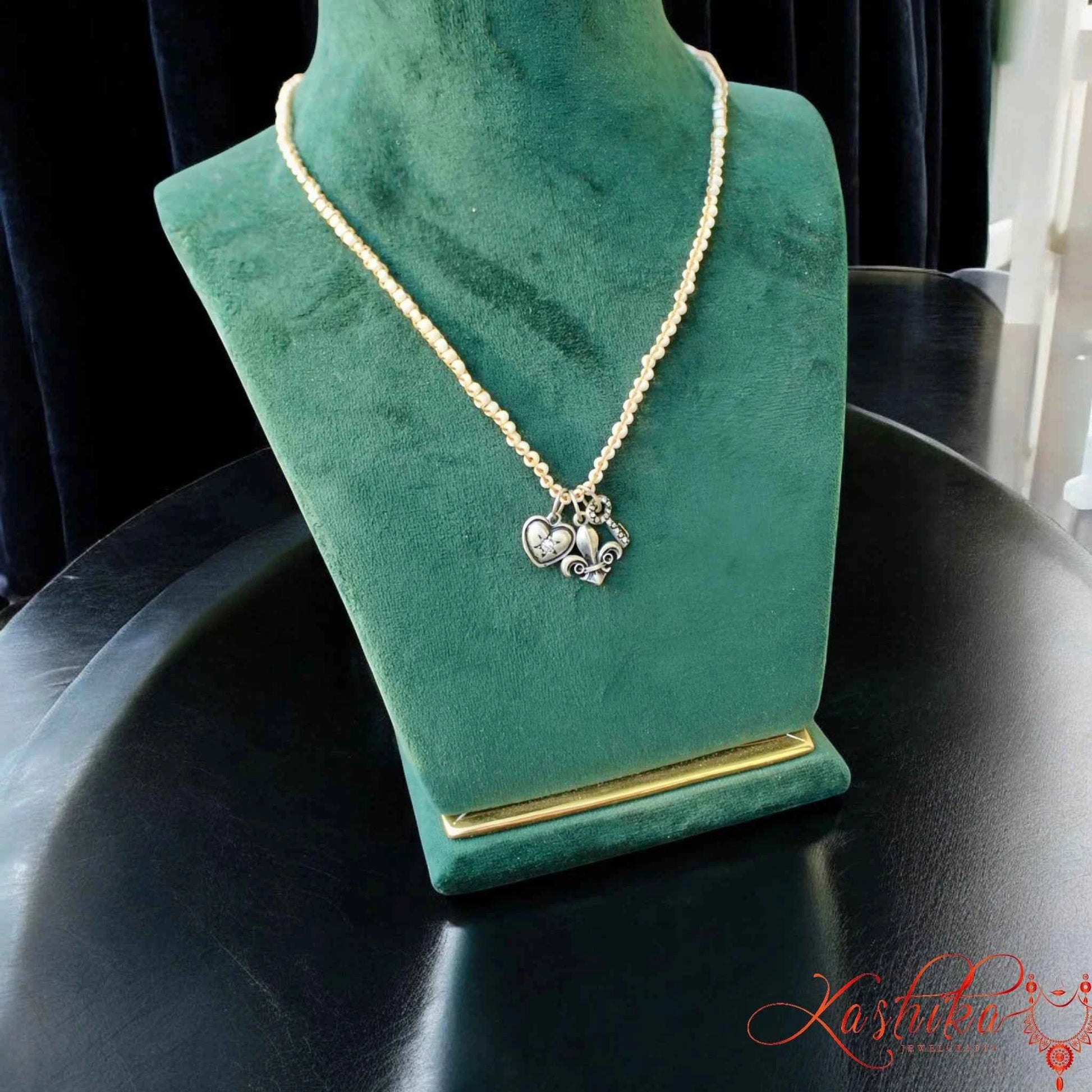 Pearl Beaded Charm Necklace with Heart, Key & Fleur De Lis Jewelry for Women - Kashika JewelCrafts