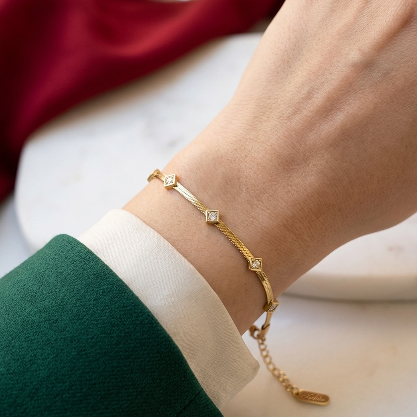 Anti Tarnish Stainless Steel Gold Crystal Station Bracelet – Minimalist Chain Bracelet for Women