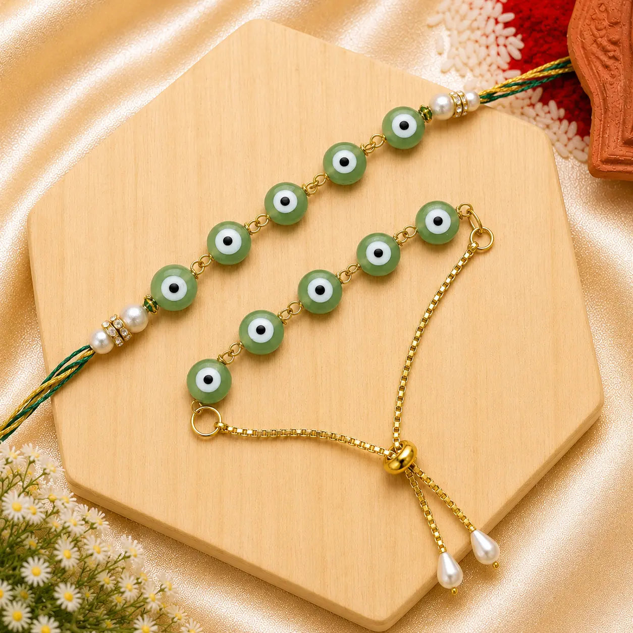 Green Evil Eye Bhai Bhabhi Rakhi Set | Adjustable Lumba Rakhi for Brother & Bhabhi